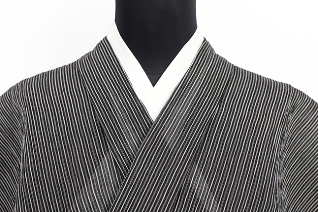 本麻 夏着物 小千谷ちぢみ 楊柳 広幅 縞 黒×灰色