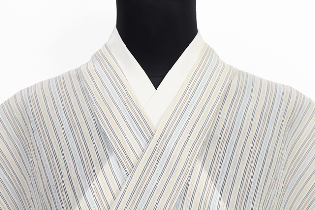 本麻 夏着物 小千谷ちぢみ 楊柳 広幅 縞 白×ベージュ×灰色