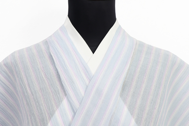 本麻 夏着物 小千谷ちぢみ 楊柳 広幅 縞 水色×紫