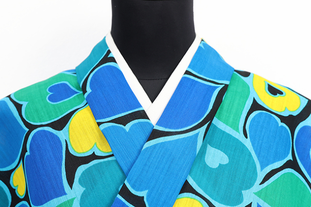 京都 青野工房 浴衣(ゆかた) 綿 ハイブリッド染め ハート 青 黄 平紗 1034