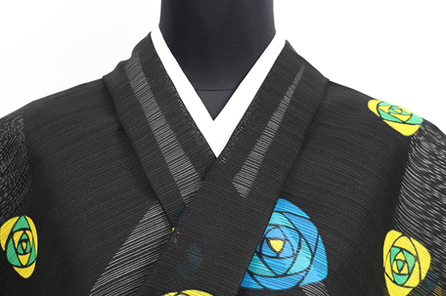 京都 青野工房 浴衣(ゆかた) 綿 ハイブリッド染め サークルローズ 黒 乱絽 1004
