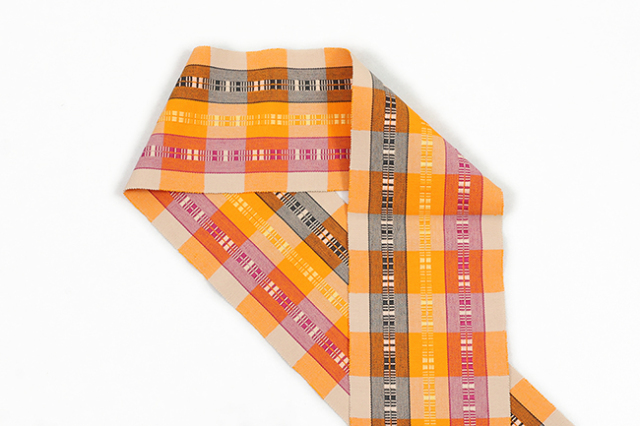 沖縄 伝統的工芸品 首里道屯織 木綿 半幅帯 橙×薄
