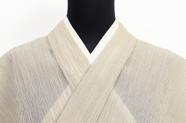 本麻 夏着物 小千谷ちぢみ 楊柳 広幅 縞 ベージュ