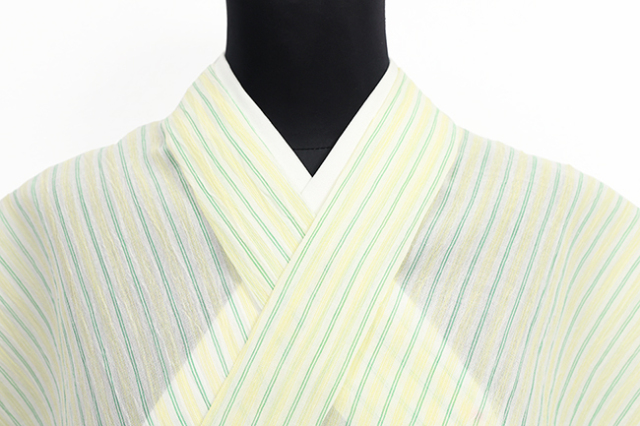 本麻 夏着物 小千谷ちぢみ 楊柳 広幅 縞 薄黄×緑