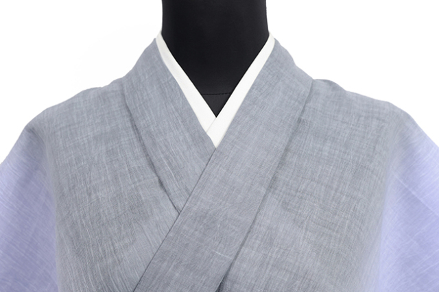 本麻 夏着物 近江ちぢみ 楊柳 ぼかし 灰×青