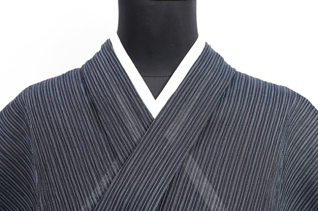 本麻 夏着物 小千谷ちぢみ 楊柳 広幅 縞 紺