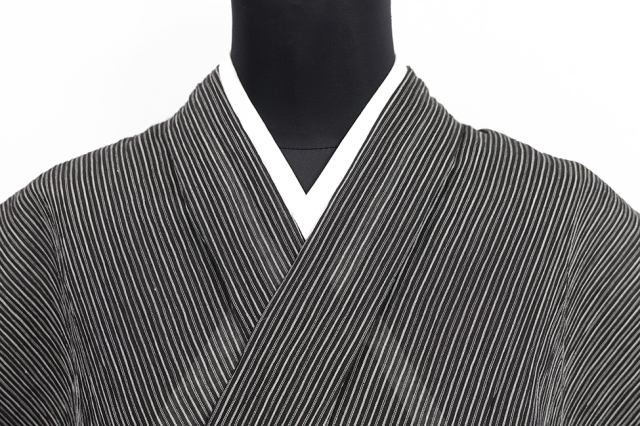 本麻 夏着物 小千谷ちぢみ 楊柳 広幅 縞 黒