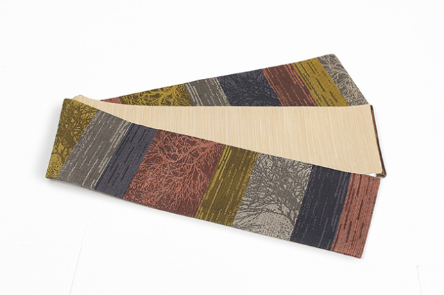 小室庵 正絹 半幅帯 織り樹林 赤茶×ベージュ×黄色