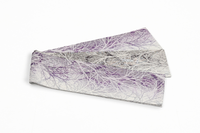 小室庵 正絹 半幅帯 樹林 灰色×紫