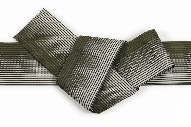 博多織 西村織物 麻絹 角帯 縞 深緑×ベージュ