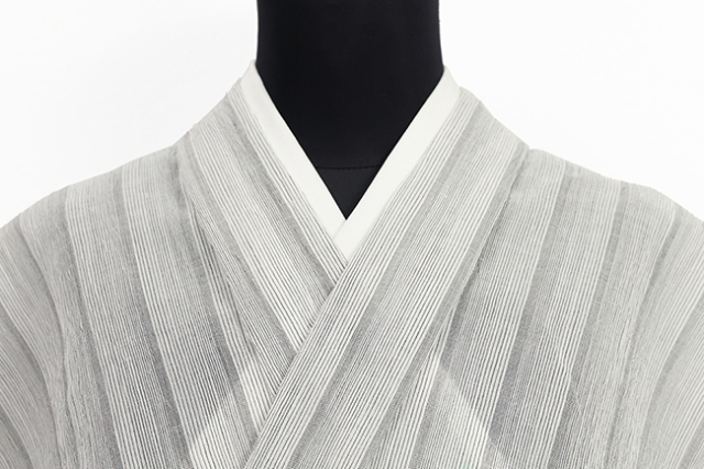 本麻 夏着物 小千谷ちぢみ 楊柳 広幅 縞 白×灰色