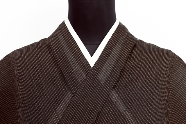 本麻 夏着物 小千谷ちぢみ 楊柳 広幅 縞 焦茶×茶