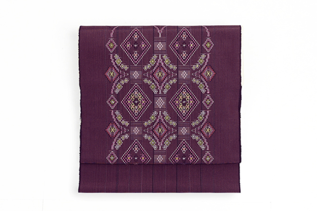 伝統的工芸品 沖縄 首里織 絹 九寸名古屋帯 琉球文様 濃紫