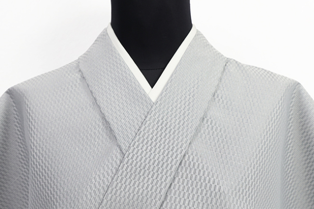 正絹 お召 越後綾織 紬 市松格子 灰色