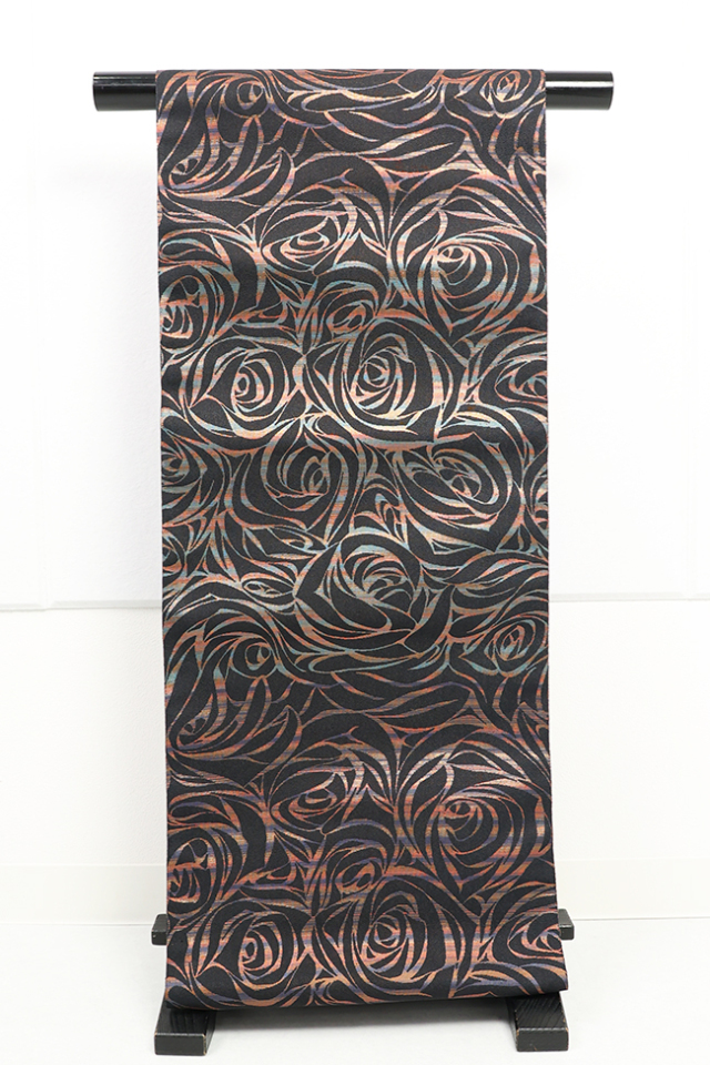 蔦屋久兵衛 ひとえ八寸帯（兵児帯） 薔薇 黒