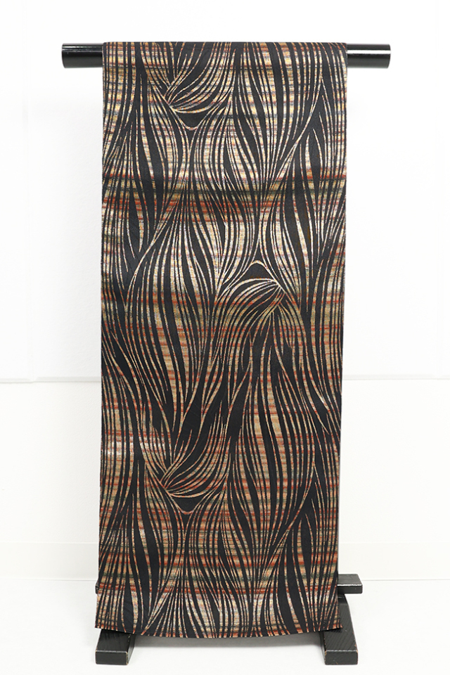 蔦屋久兵衛 ひとえ八寸帯（兵児帯） 葉 黒×ブロンズ