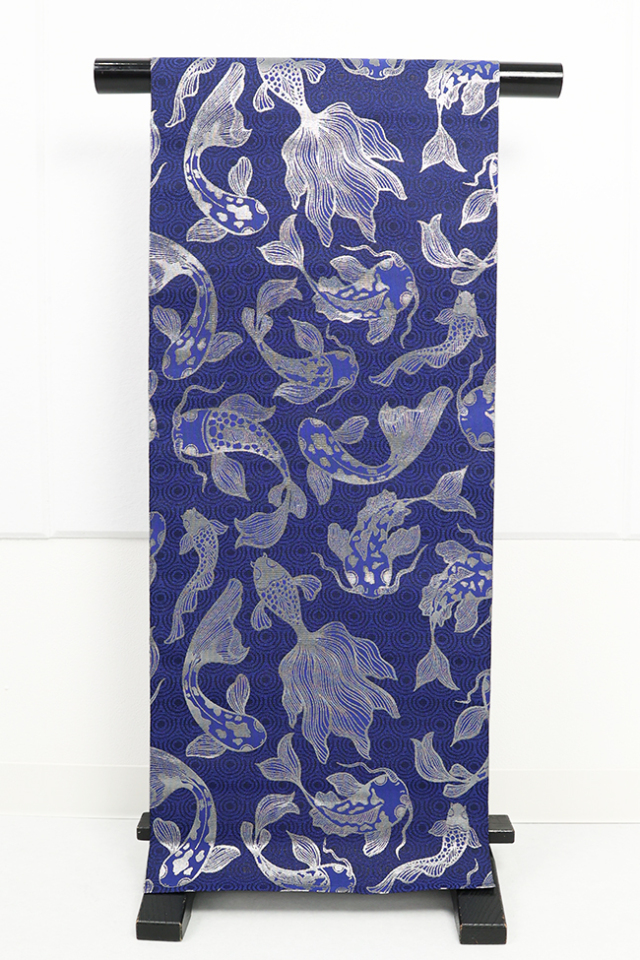 蔦屋久兵衛 ひとえ八寸帯（兵児帯） 金魚 青×銀