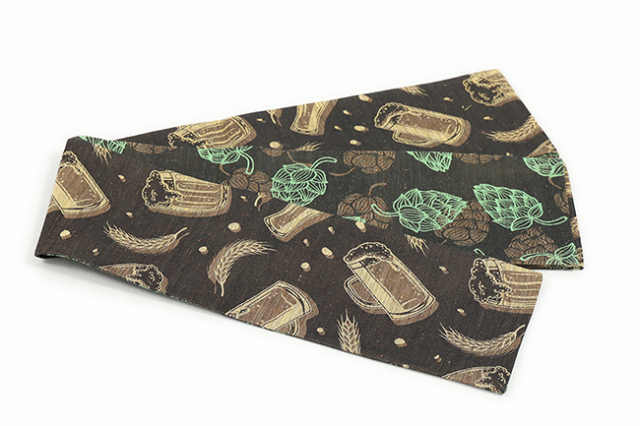 西陣織 蔦屋久兵衛 絹麻両面半幅帯 ビール ホップ 焦茶×緑