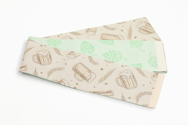 西陣織 蔦屋久兵衛 絹麻両面半幅帯 ビール ホップ ベージュ×緑