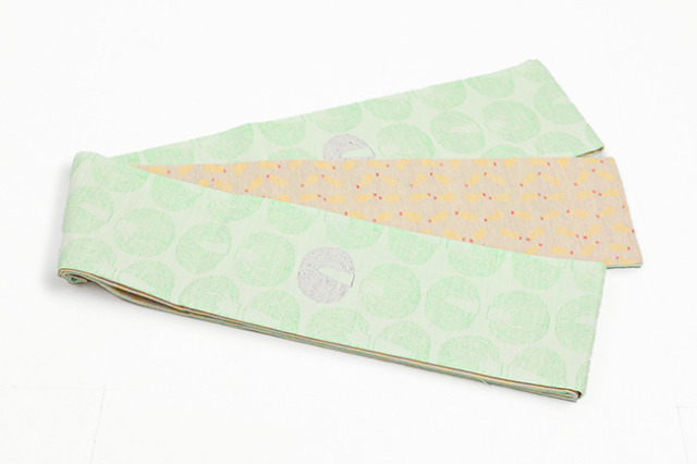 西陣織 蔦屋久兵衛 絹麻両面半幅帯 キャベツ マヨネーズ 緑×ベージュ