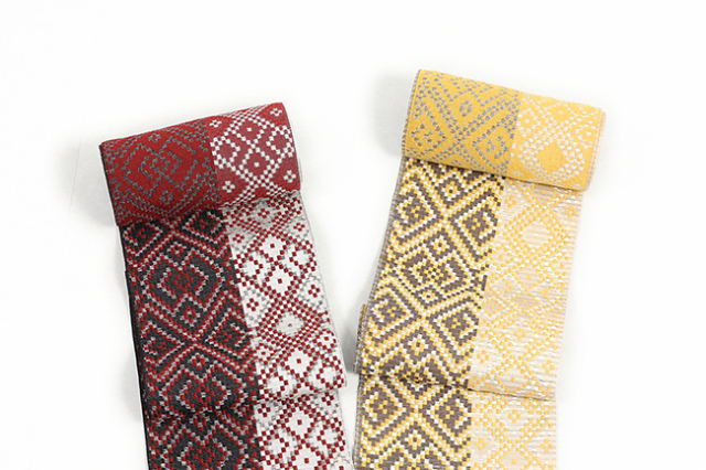 博多織 黒木織物 正絹  半幅帯 菱紋様 A.えんじ B.黄色