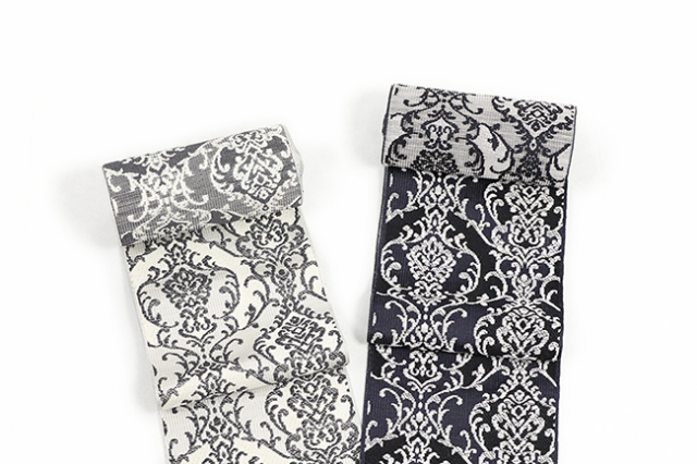 博多織 黒木織物 正絹 半幅帯 アラベスク柄 A.白 B.紺