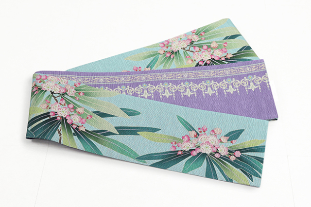 召しませ花 正絹 半幅帯 リバーシブル 沈丁花 アラベスク 水色×紫