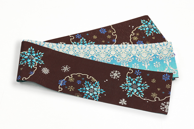 召しませ花 正絹 半幅帯 リバーシブル 雪の結晶 アラベスク 焦茶×青緑
