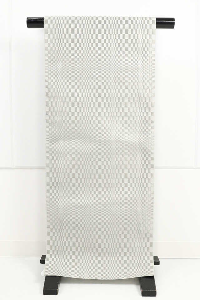 丹後 ワタマサ ひとえ八寸帯（兵児帯） 市松ぼかし七宝 白×プラチナ