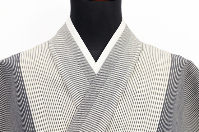 伊勢木綿 木綿着物 綿麻 縞 灰色×白 ◆背の高い人にオススメ◆