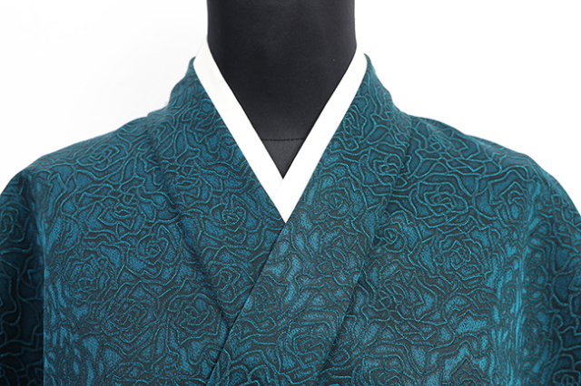 正絹 お召し 丹後ちりめん 広幅 薔薇 青緑