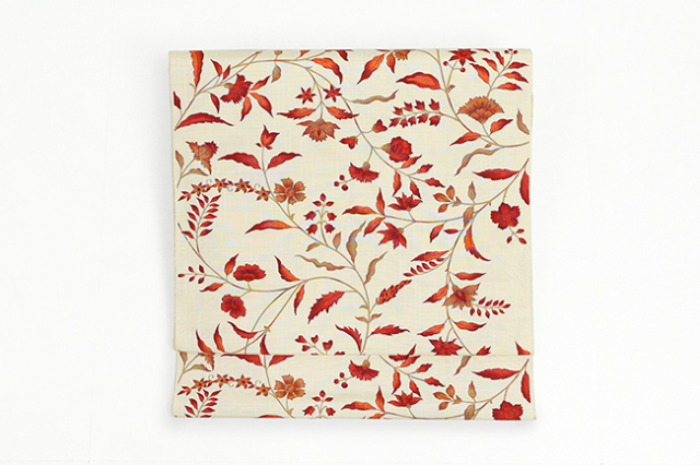 正絹 九寸名古屋帯 クリキュラ 更紗 アイボリー×赤