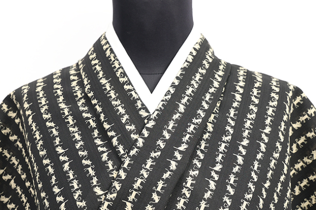 ポリエステル着物 浴衣 セオα 猫ストライプ 黒