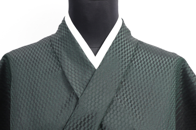 正絹 お召し 広幅 彩市松 黒×深緑