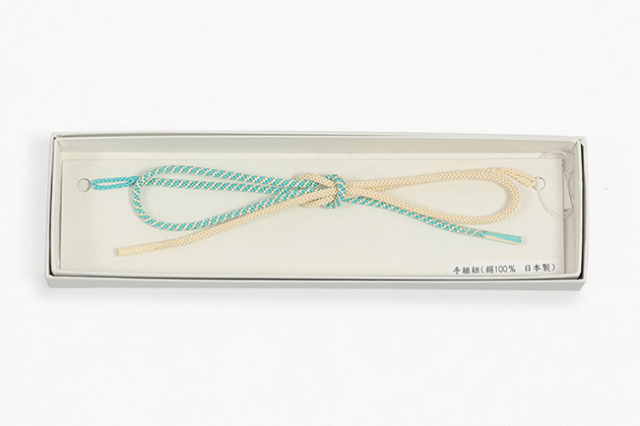 女性用羽織紐 正絹 手組紐 れん アイボリー×青緑