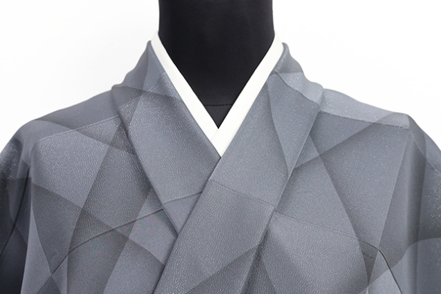 正絹 着物 小紋 市松 幾何学 ぼかし染 灰