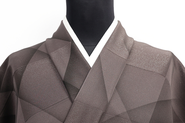 正絹 着物 小紋 市松 幾何学 ぼかし染 茶