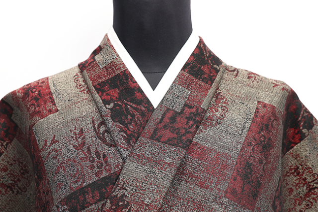 【価格はお問い合わせください】誉田屋源兵衛 着物 お召し 大麻布 「麻世妙」 二人静 グラナディアンアラベスク 黒/赤