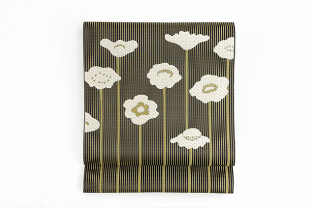 【価格はお問い合わせください】 西村織物 博多織 正絹 八寸名古屋帯 紋八寸 紋ひとえ 花くらべ  黒×黄緑