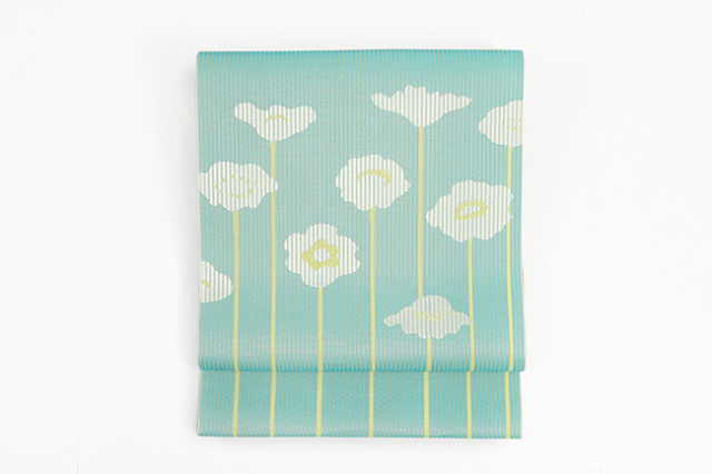 【価格はお問い合わせください】 西村織物 博多織 正絹 八寸名古屋帯 紋八寸 紋ひとえ 花くらべ  青緑×黄色