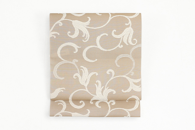 【価格はお問い合わせください】 西村織物 博多織 正絹 八寸名古屋帯 紋八寸 紋ひとえ 百合唐草  ベージュ×白