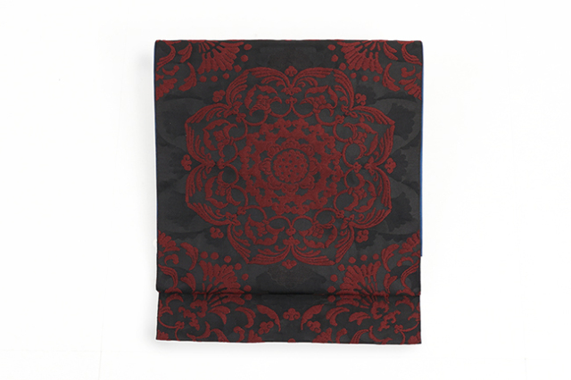 【価格はお問い合わせください】 西村織物 博多織 正絹 八寸名古屋帯 紋八寸 和花 宝相華   黒×えんじ