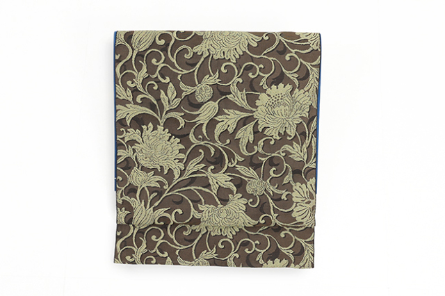 【価格はお問い合わせください】 西村織物 博多織 正絹 八寸名古屋帯 紋八寸 和花 透彫唐花   茶×カーキ