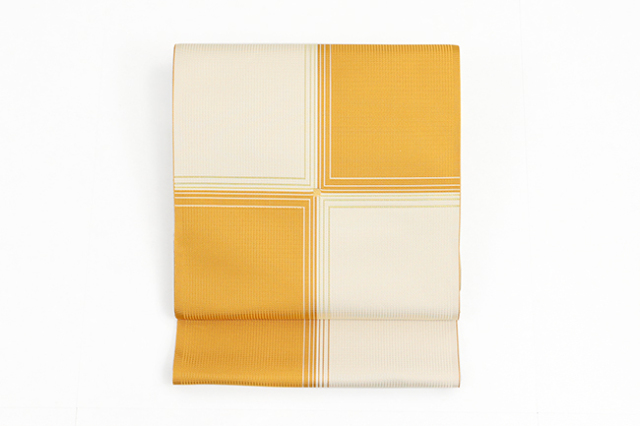 【価格はお問い合わせください】 西村織物 博多織 正絹 八寸名古屋帯 紋八寸 レトロモダン 色紙   橙×アイボリー