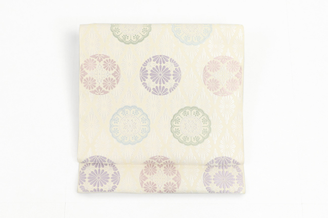 京都 西陣 正絹 九寸名古屋帯 花 丸文