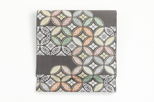 京都 西陣 正絹 九寸名古屋帯 花七宝繋ぎ 灰色