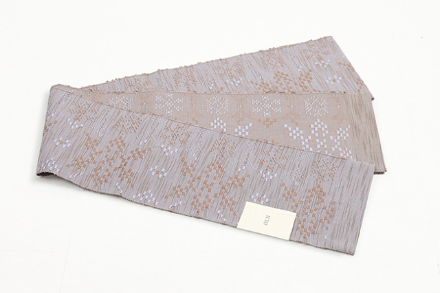 OLN 綿 半幅帯 「雪花」 灰色×薄茶