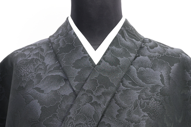 ワタマサ 洗える正絹 【お召し】  牡丹づくし 黒