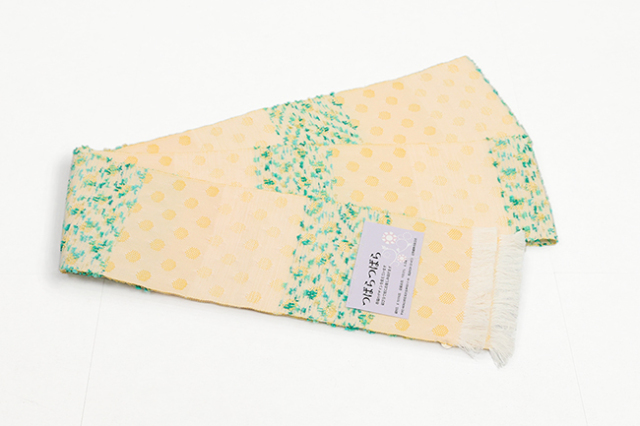 米沢織 近賢織物 半幅帯 つばらつばら 水玉 黄色×緑