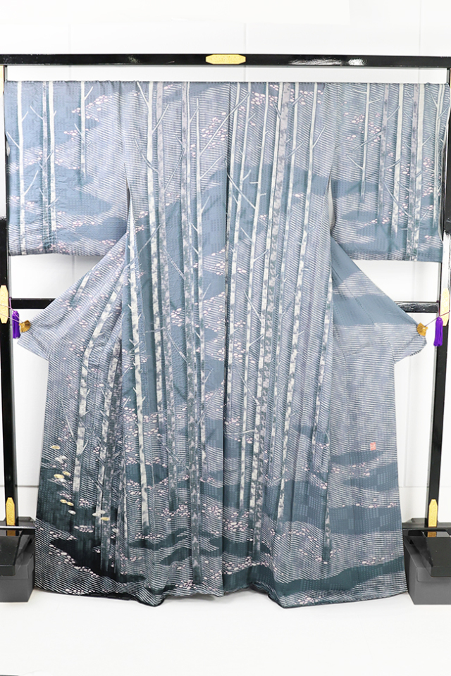 滝泰 訪問着 おぼろ染め 襲ね絞り 灰青